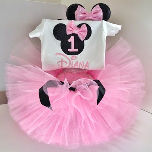 Minnie Maus Geburtstag Outfit, Minnie Maus Outfit, 1. Geburtstag Outfit, Pinkes und schwarzes Minnie Maus Outfit, Krone 1.