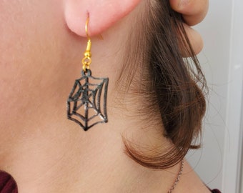 May include: A pair of gold and black spiderweb earrings. The earrings are dangling from the earlobe and feature a detailed spiderweb design.