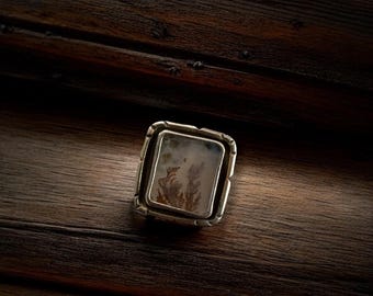 Dendriten Achat Ring | Sterling Silber Ring | OOAK botanischer Ring | Natur inspiriert Schmuck | Landschaftachat | Größe 6,5