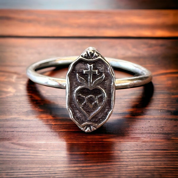 Sacred Heart Ring: Sterling Silver Sacred Heart|| Jesus Catholic Jewelry|| Milagro Heart ||Stack Ring|| Pop Culture
