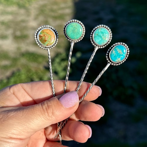 HANDCRAFTED Silver and Turquoise Brooch Hat Pins Kingman Turquoise Hat Pin - Etsy Israel main image 3