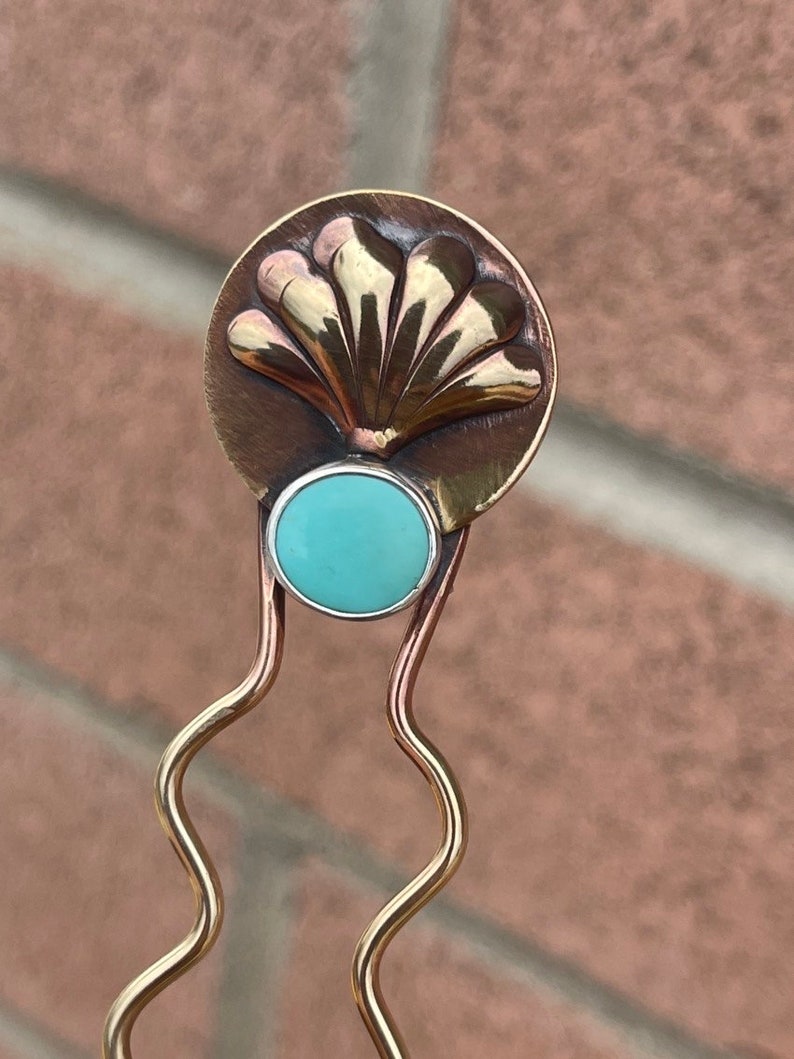 Brass and Kingman Turquoise Hair Pick with Sterling Silver Accent | Hair Stick | Bun Holder |Hair Fork | Accessories .br Brass and Kingman Turquoise Hair Pick with Sterling Silver Accent | Hair Stick | Bun Holder |Hair Fork | Accessories .br