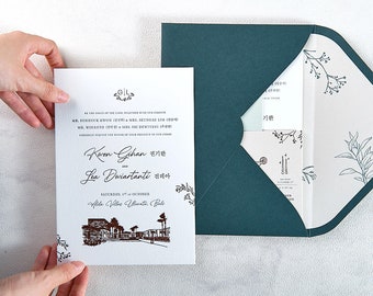 Letterpress Wedding invitation - grey letterpress, copper foil, building illustration, envelope liner, bilingual, small A6 cards
