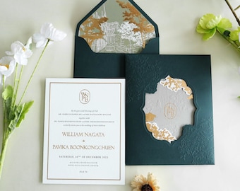 Letterpress Wedding invitation - gold & black letterpress, blind emboss, special die cut envelope, liner, venue illustration, wax seal