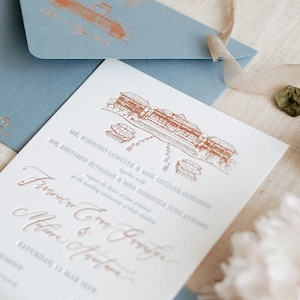 Letterpress Wedding invitation Gold Foil, Grey Letterpress, Venue Illustration, Calligraphy, Information Card, Cotton Paper, Digital Print image 2