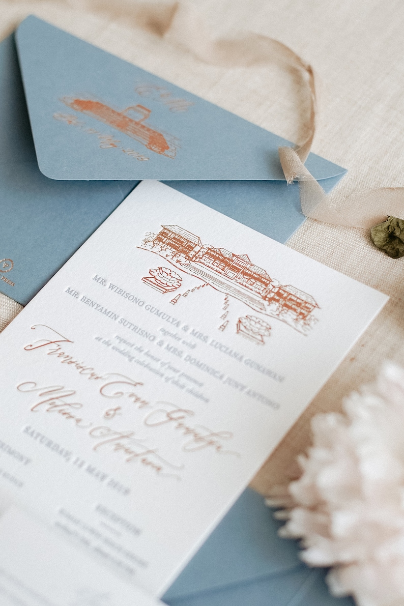 Letterpress Wedding invitation Gold Foil, Grey Letterpress, Venue Illustration, Calligraphy, Information Card, Cotton Paper, Digital Print image 2