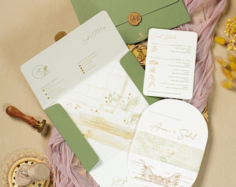 Letterpress Wedding invitation - green letterpress, gold foil, building illustration, wax seal, vellum wrap, special shaped envelope