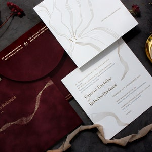 Letterpress Wedding invitation - black & gold letterpress, gold foil, pearl foil, emboss, velvet envelope, accomodation and schedule card