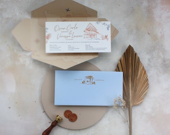 Letterpress Wedding Invitation Sample - red and blue letterpress, gold foil, custom shape an size, wax seal