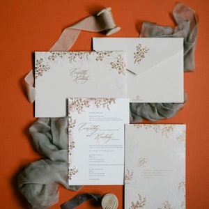 Letterpress Wedding invitation - grey letterpress, watercolour, gold and pearl foil, floral illustration