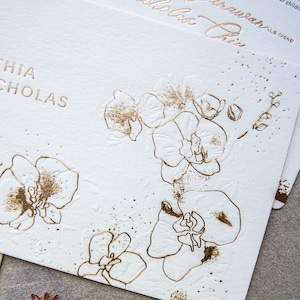 Letterpress Wedding Invitation Sample gold foil, black letterpress, blind emboss, envelope liner, rounded corner image 3