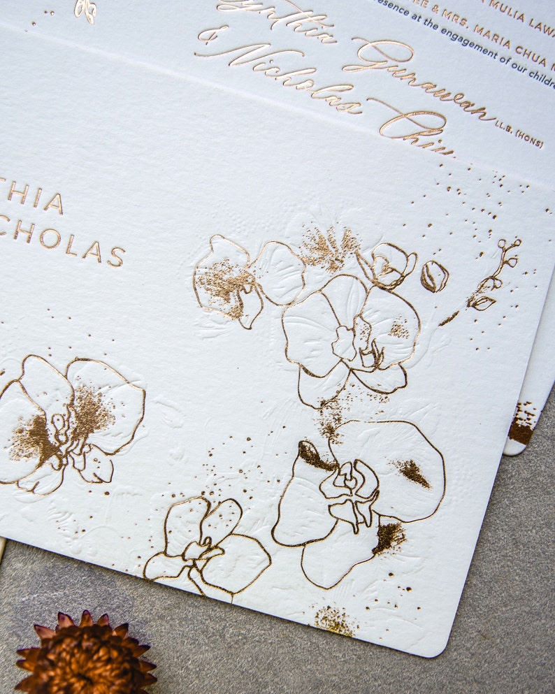 Letterpress Wedding Invitation Sample gold foil, black letterpress, blind emboss, envelope liner, rounded corner image 3