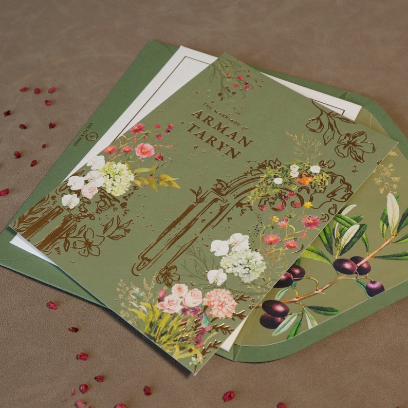 Letterpress Wedding Invitation Sample Grey Letterpress, Gold Foil, Blind Emboss, Digital Print, Full Colour, Envelope Liner. image 1