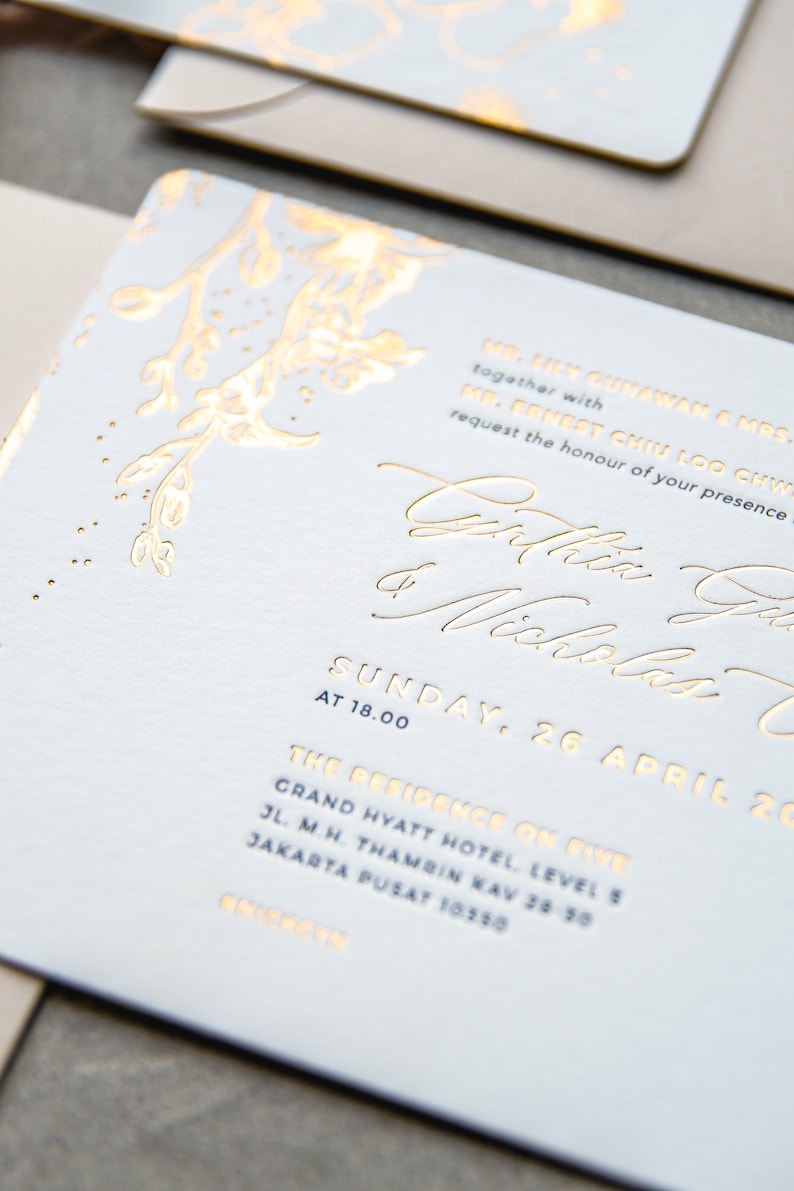 Letterpress Wedding Invitation Sample gold foil, black letterpress, blind emboss, envelope liner, rounded corner image 2