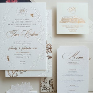 Letterpress Wedding invitation - black letterpress, gold foil, blind emboss, double sided, special shape menu, envelope liner