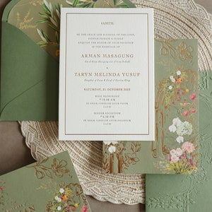 Letterpress Wedding Invitation Sample Grey Letterpress, Gold Foil, Blind Emboss, Digital Print, Full Colour, Envelope Liner. image 2