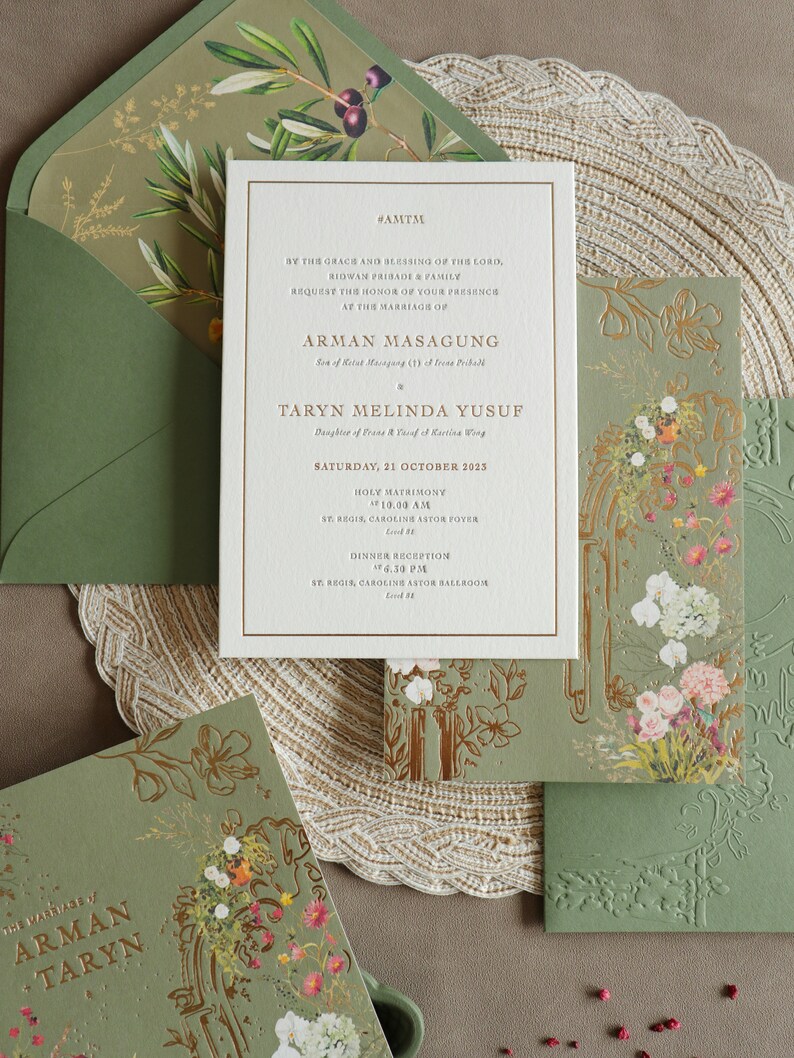 Letterpress Wedding Invitation Sample Grey Letterpress, Gold Foil, Blind Emboss, Digital Print, Full Colour, Envelope Liner. image 2