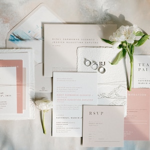Letterpress Hochzeitseinladung - rosa Letterpress, Goldfolie, Naturillustration, handgeschöpftes Papier, Umschlagfolie, Antwortkarte, Unterbringung