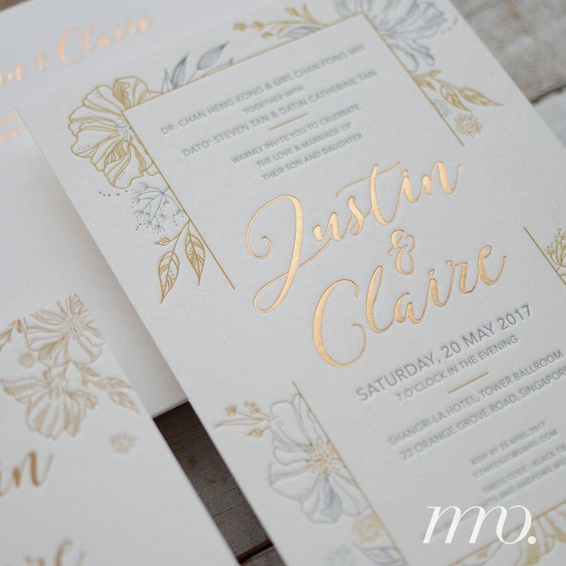 Letterpress Wedding Invitation Sample Calligraphy Gold Etsy