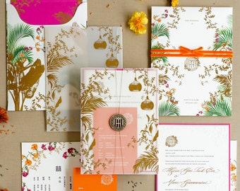 Letterpress Wedding invitation - black & pink letterpress, gold foil, blind emboss, foil liner, vellum pocket, wooden tag, velvet string