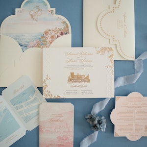 Letterpress wedding invitation - gold foil, black letterpress, blind emboss, liner, special shape map and details card, Venetian style