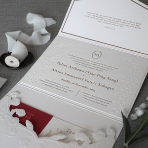 Letterpress wedding invitation - black letterpress, gold foil, blind emboss, small cards, booklet or folder format with creases, monogram