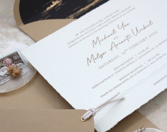 Letterpress Wedding invitation - brown letterpress, gold foil, blind emboss, handmade paper, envelope liner, clasp and string