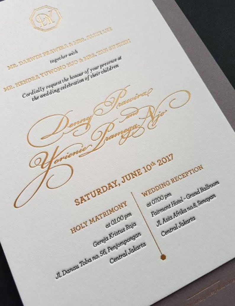 Letterpress Wedding Invitation Sample Calligraphy Gold Etsy