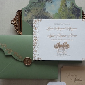 Letterpress Hochzeitseinladung Muster - Goldfolie, grau Letterpress, Blindprägung, Liner, Wachssiegel, kleine Karte, Sonderform