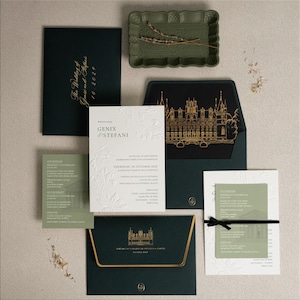 Letterpress Hochzeitseinladung - Goldfolie, schwarze Linoldruck, Blindprägung, Umschlag Liner, Venue Illustration, Monogramm