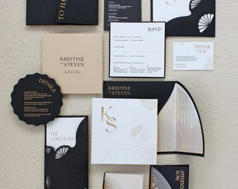 Letterpress Wedding invitation - black letterpress, gold, pearl and black foil, blind emboss, laser cut, vellum sleeve, envelope liner