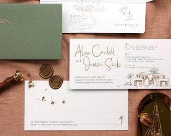 Letterpress Wedding invitation - green letterpress, gold foil, building illustration, wax seal, map, custom size, envelope liner, RSVP card