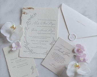 Letterpress Wedding invitation - handmade paper, deckled edges, grey letterpress, gold foil, embossed envelope, wax seal and menu card