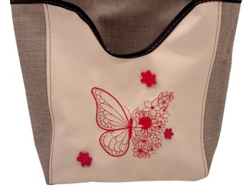 Red Butterfly Lover Floral Clothespin Bag, Embroidered Flower Clothespin Storage, Heavy Duty Clothespin Hanger