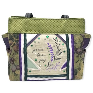 Peace Love Joy Floral Handbag, Recycled Leather Handbag, Embroidered Gift, Inspirational Purse