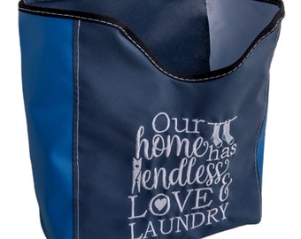 Home Has Endless Love and Laundry in Blue Embroidered Clothespin Bag Industrial Machine Sewn Canvas/Phifertex Metal Hanger