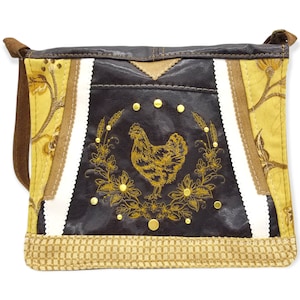 Damask Hen Farmhouse upcycled embroidered one-of-a-kind messenger handbag purse