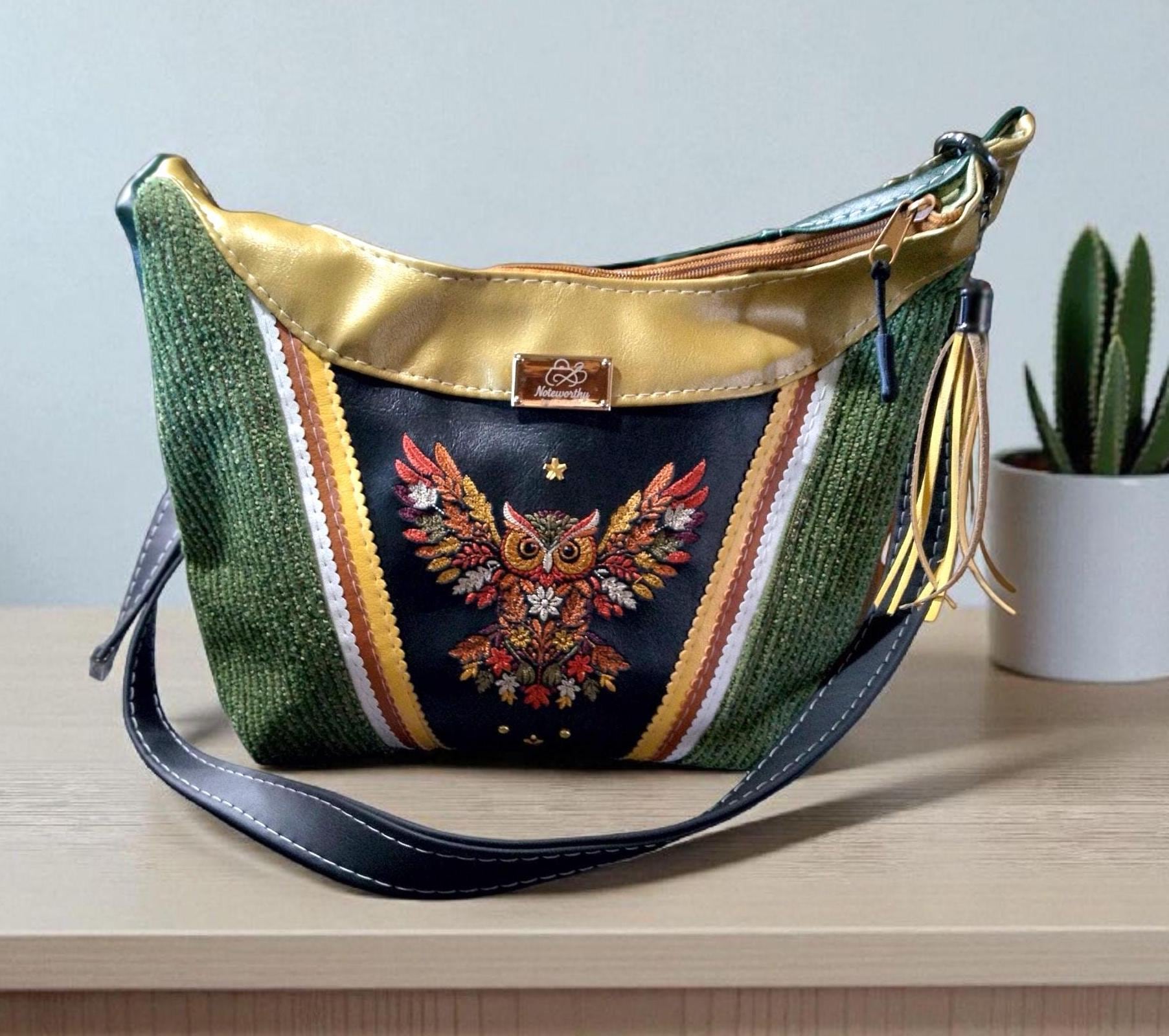 Fall Leaves Owl Purse, One of a kind Embroidered Gift, Upcycled Handbag