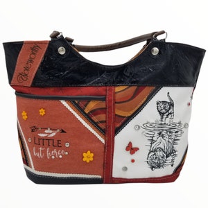 Cat Tiger Motivational Strong Woman XL Upcycled Embroidered  Extra Large Workbag Handbag Purse Gift Tote