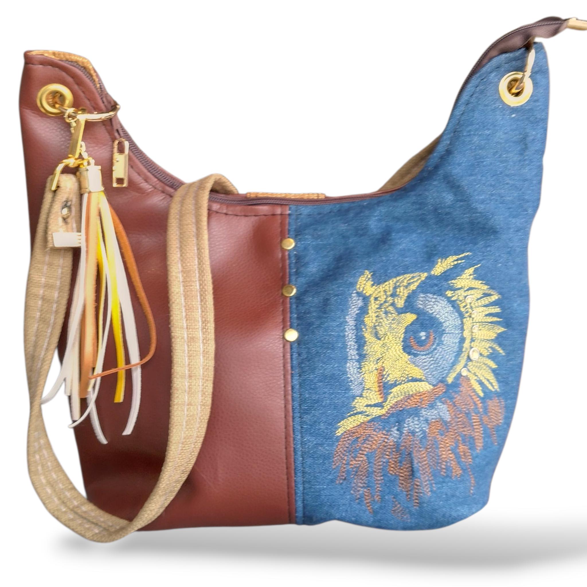 Denim Fall Owl Purse, One of a kind Embroidered Gift, Upcycled Handbag