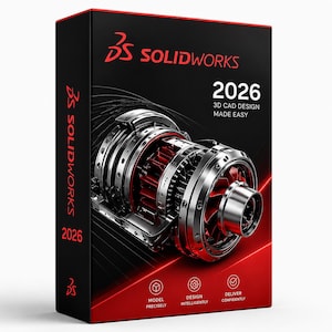 May include: A black and red software box for SolidWorks 2026 3D CAD design. The front features a metallic mechanical engine component graphic, the text 2026 3D CAD DESIGN MADE EASY, and three icons labeled MODEL PRECISELY, DESIGN INTELLIGENTLY, and DELIVER CONFIDENTLY.