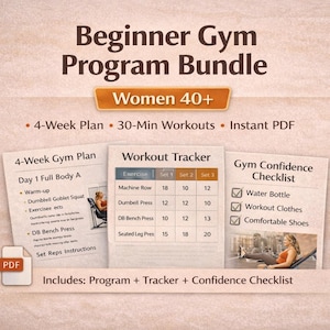 May include: A fitness program bundle for women 40+ with a 4-week plan, 30-minute workouts, and an instant PDF. Includes a workout tracker, gym plan, and confidence checklist. The image shows a woman working out.