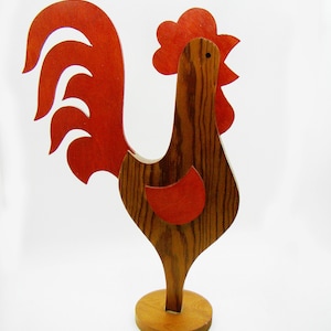 Landhaus Holz Huhn Figur mit Rotem Schwanz und Kamm, Landhaus Dekor, Bauernhaus Dekor, ScheunenFiguren, Holz Huhn, Volkskunst Huhn