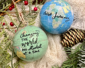Personalized World Globe Ornament – Hand Lettered Teacher Gift