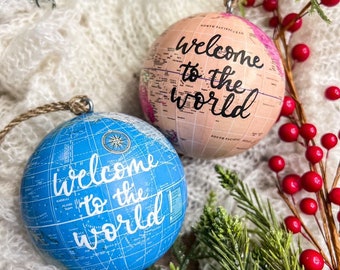 Personalized Baby Globe Ornament: Hand Lettered, New Parent Gift