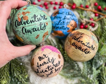 Personalized Rose Gold Globe Ornament – Hand-Lettered Travel Keepsake