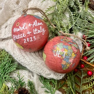 Gold Leaf Personalized World Globe Ornaments- Unique Teacher Gift- Custom Graduation Ornaments- Travel Ornament light red