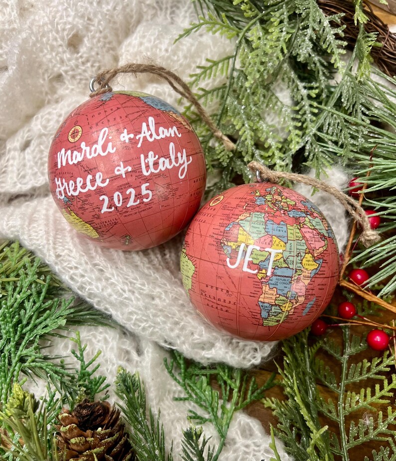 Gold Leaf Personalized World Globe Ornaments- Unique Teacher Gift- Custom Graduation Ornaments- Travel Ornament light red