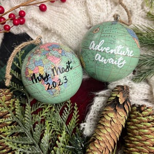 Gold Leaf Personalized World Globe Ornaments- Unique Teacher Gift- Custom Graduation Ornaments- Travel Ornament Mint Green