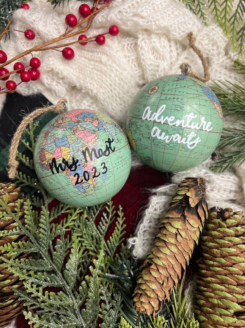 Gold Leaf Personalized World Globe Ornaments- Unique Teacher Gift- Custom Graduation Ornaments- Travel Ornament Mint Green